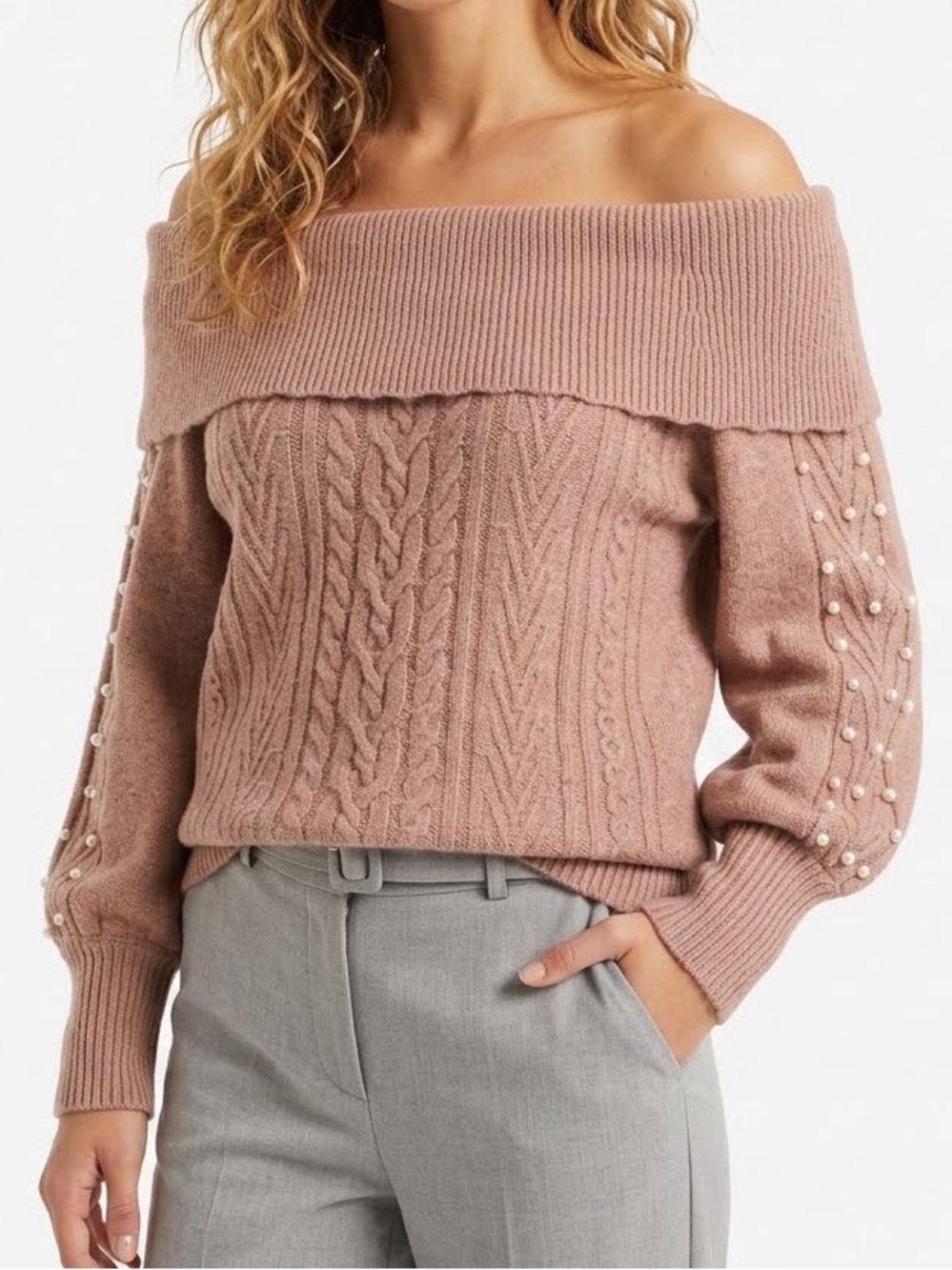 crown & ivy Blush Pink Off-Shoulder Cable Knit Sweater with Pearl Sleeve Detail